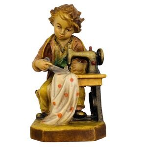 Karl Fuehrler Oberammergau Wood Carving Boy Sewing Machine Figurine Vintage